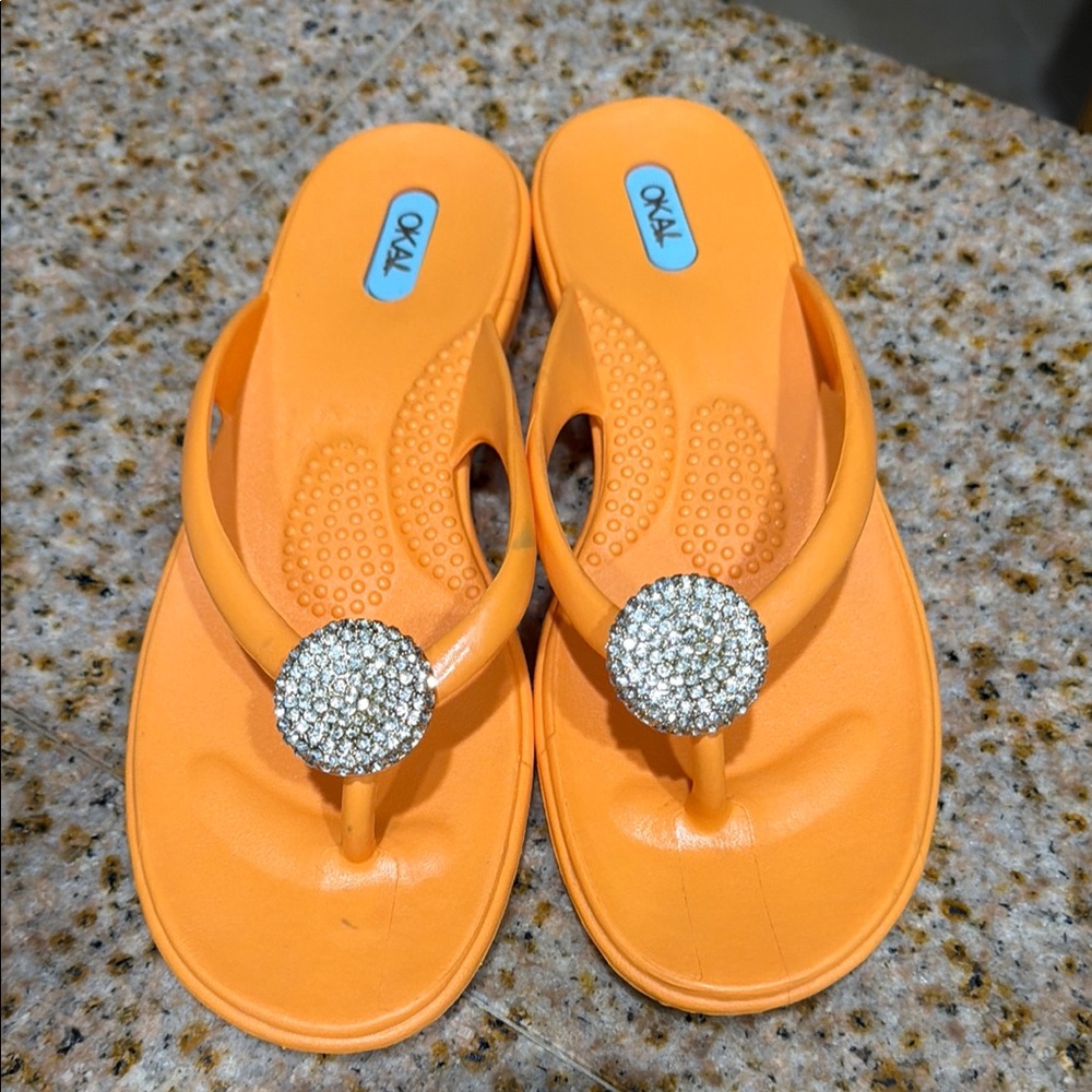 OKA b. Orange Rhinestone Medallion Flip Flop Sandals